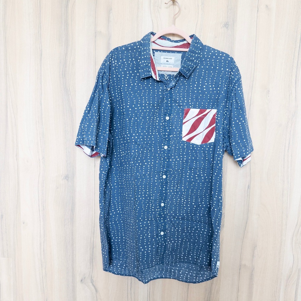 Quiksilver Mens Short Sleeve Button Down XL Blue Polka Dot Surf Skate Americana